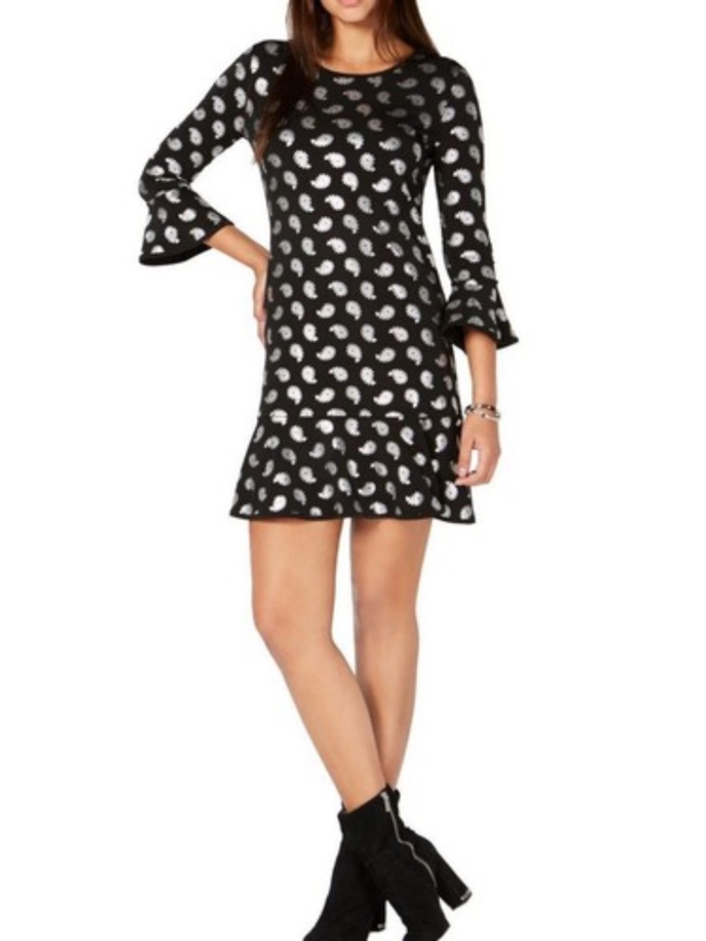 Michael Kors Black Silver Paisley Print Bell Sleeve Dress M